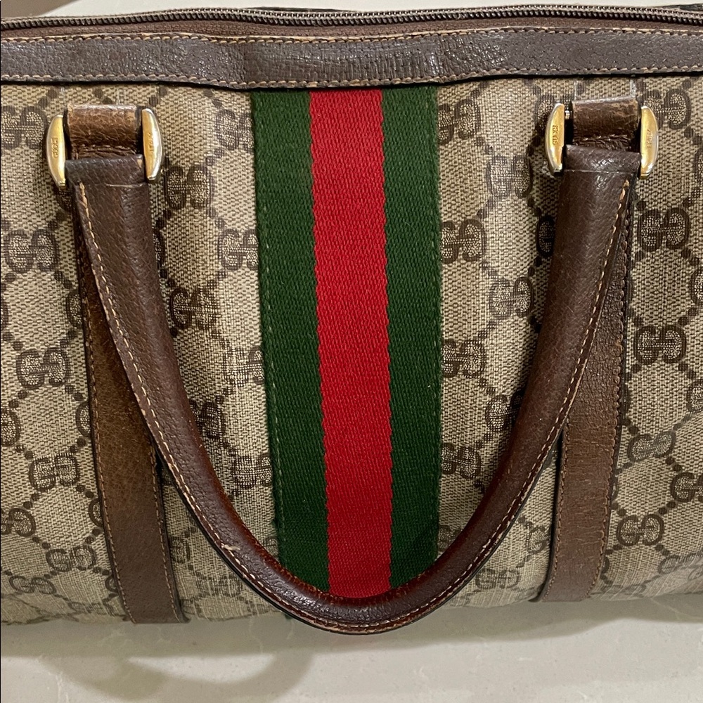 Vintage Gucci Tan and Brown Duffel Bag with Green and Red Stripe - Picture 7 of 11